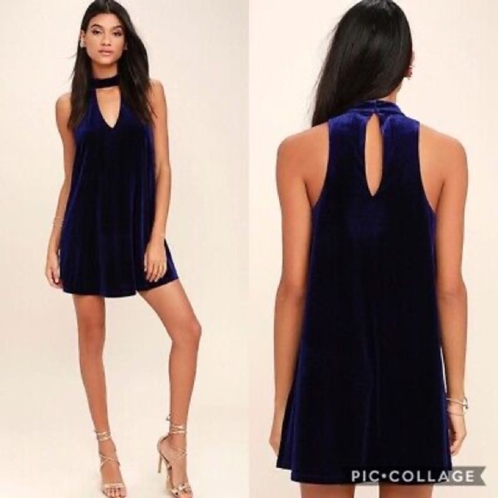 LuLu's Cobalt Blue (/Purple)Mock Choker Holiday Velvet Swing Mini Dress